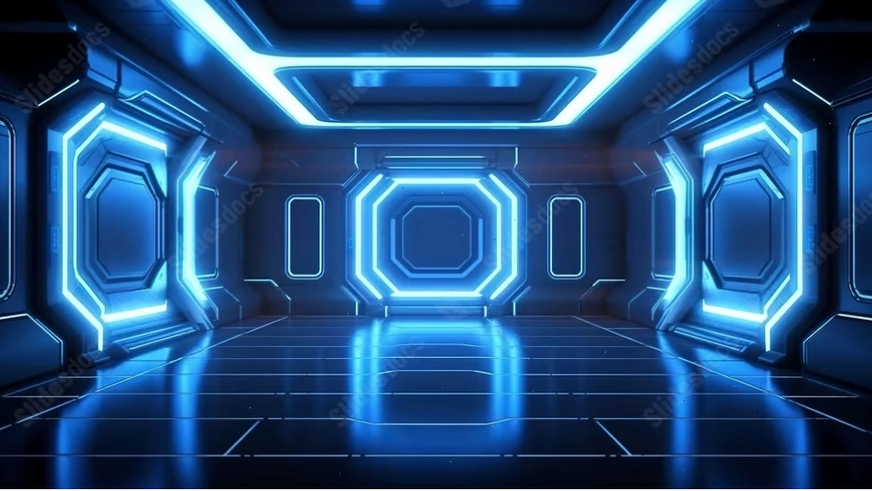 Ánh sáng neon xanh trắng trong căn phòng tương lai