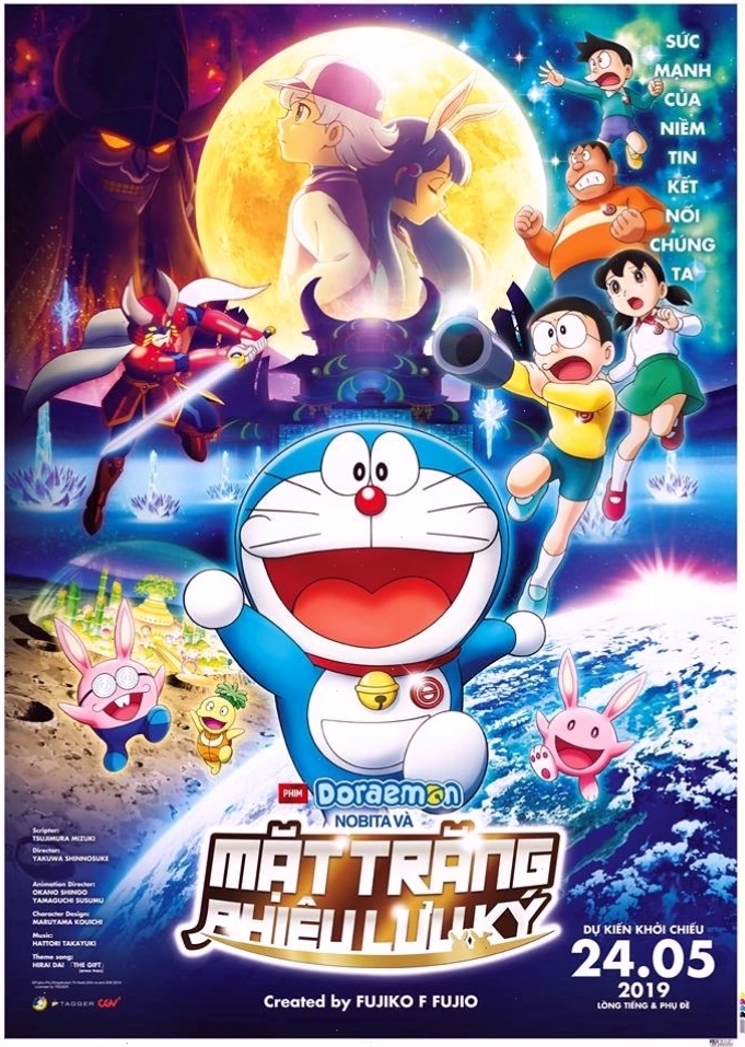 Cảnh nhóm bạn Doraemon khám phá hành tinh lạ trên Mặt Trăng
