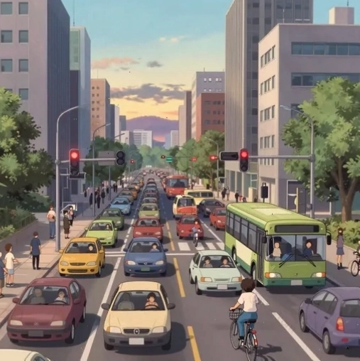 Đường phố đông đúc trong giờ cao điểm (rush hour)
