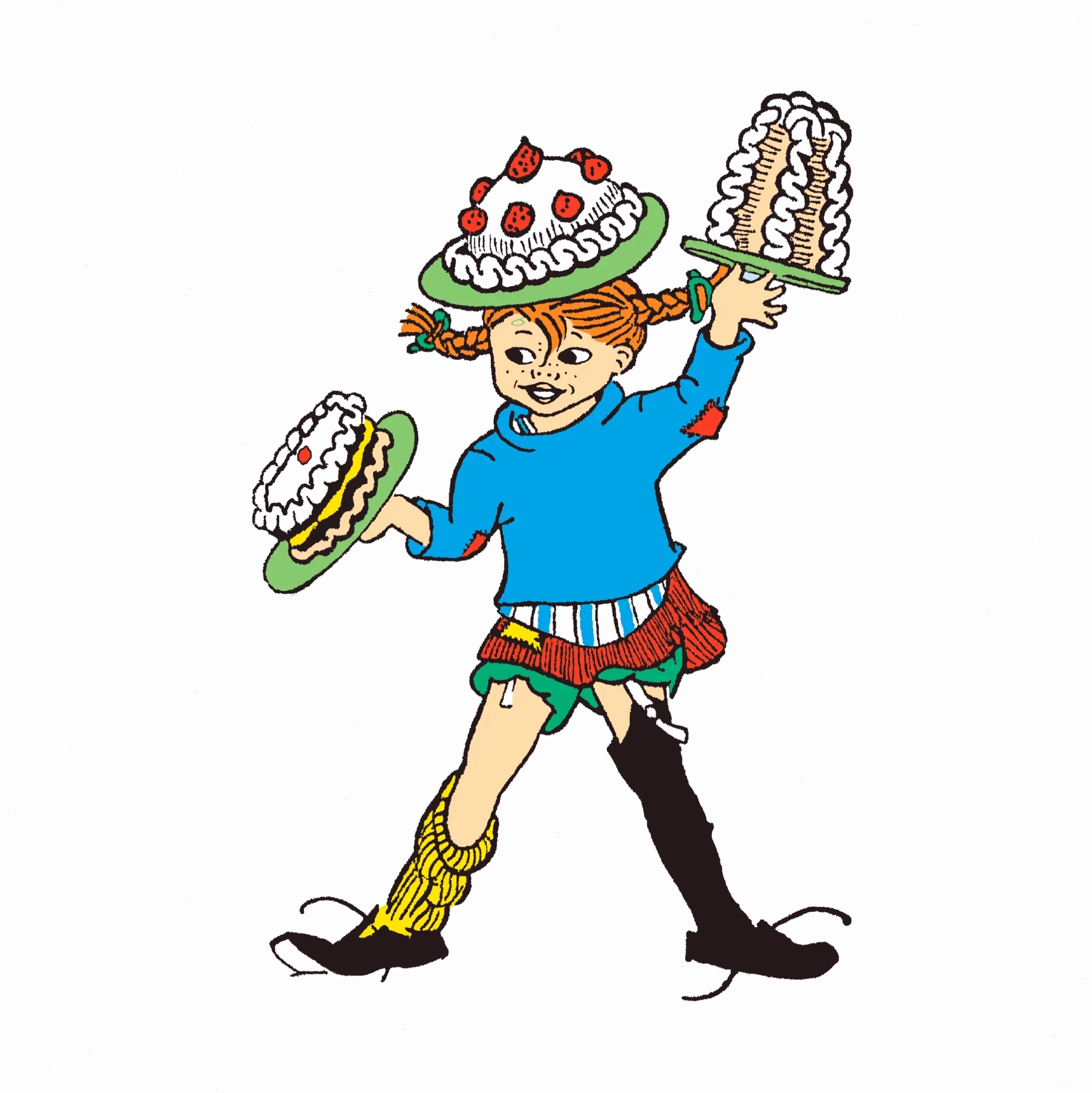 Hình minh họa Pippi Longstocking với ba chiếc bánh, một trên đầu và hai trên tay