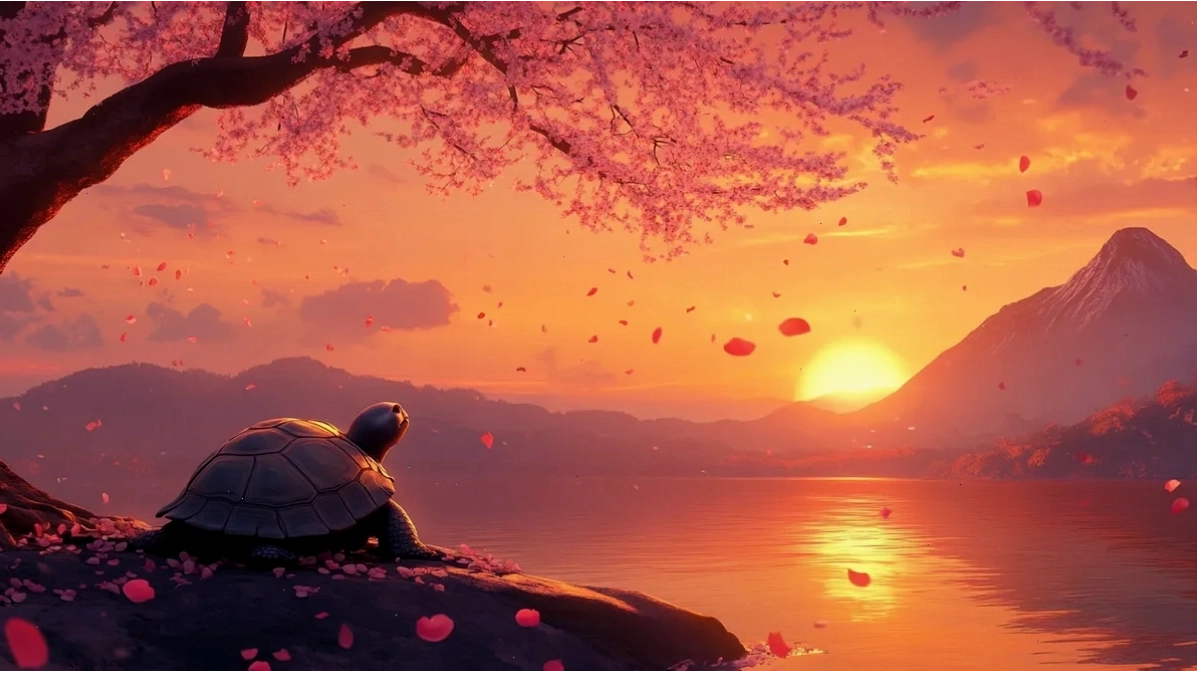 Master Oogway, bậc thầy kung fu rùa già trong Kung Fu Panda, dưới gốc cây đào thiêng.