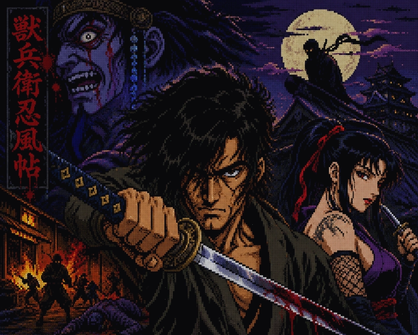Minh họa pixel art lấy cảm hứng từ Ninja Scroll với các nhân vật ninja và quái vật dưới trăng
