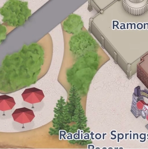 Toàn cảnh Radiator Springs nhìn từ xa với những ngọn núi đặc trưng